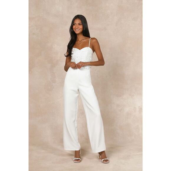 Lulus Exquisite Posture White Floral Embroidered Scalloped Tiered Jumpsuit - Picture 1 of 11